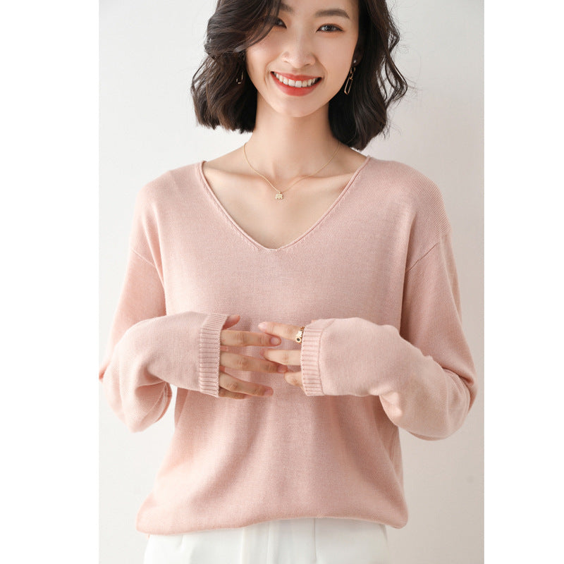 Women Fashion Casual Solid Color Round Neck V-Neck Long Sleeve Sweater