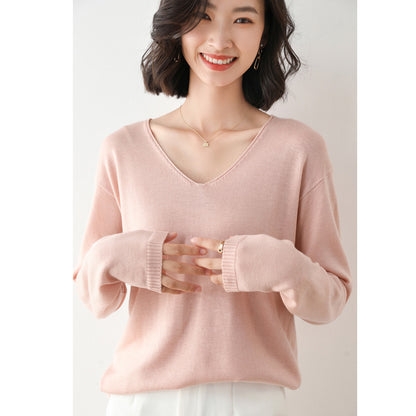 Women Fashion Casual Solid Color Round Neck V-Neck Long Sleeve Sweater