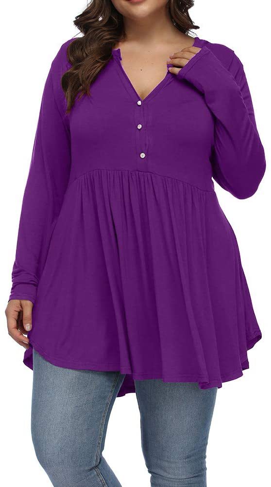 Camiseta informal de manga larga plisada con botones y escote en V de color liso para mujer, talla grande