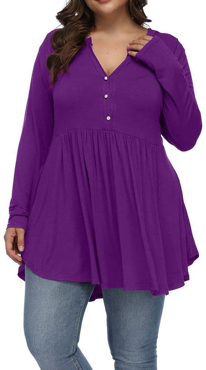 Camiseta informal de manga larga plisada con botones y escote en V de color liso para mujer, talla grande