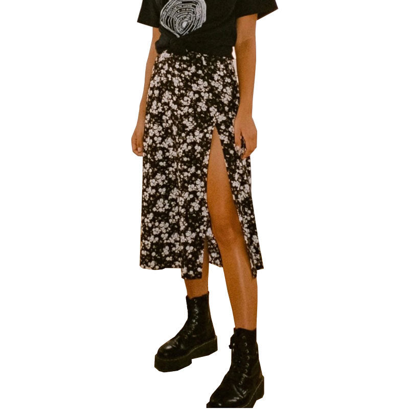 Women Casual Sweet Leopard Flower Printed Summer A-line Side-slit Skirt