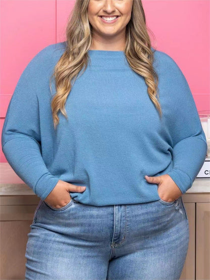 Camiseta informal de manga larga con cuello redondo y color liso para mujer