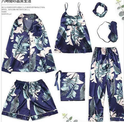 Conjunto de pijama fino de siete piezas con estampado de rayas informal sencillo para mujer