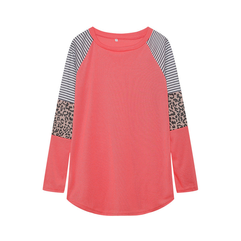 Camiseta informal de manga larga con cuello redondo y rayas de leopardo para mujer de otoño