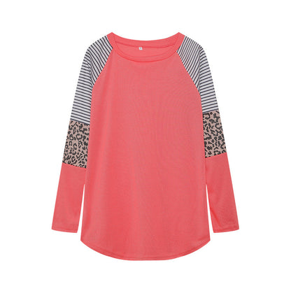 Camiseta informal de manga larga con cuello redondo y rayas de leopardo para mujer de otoño