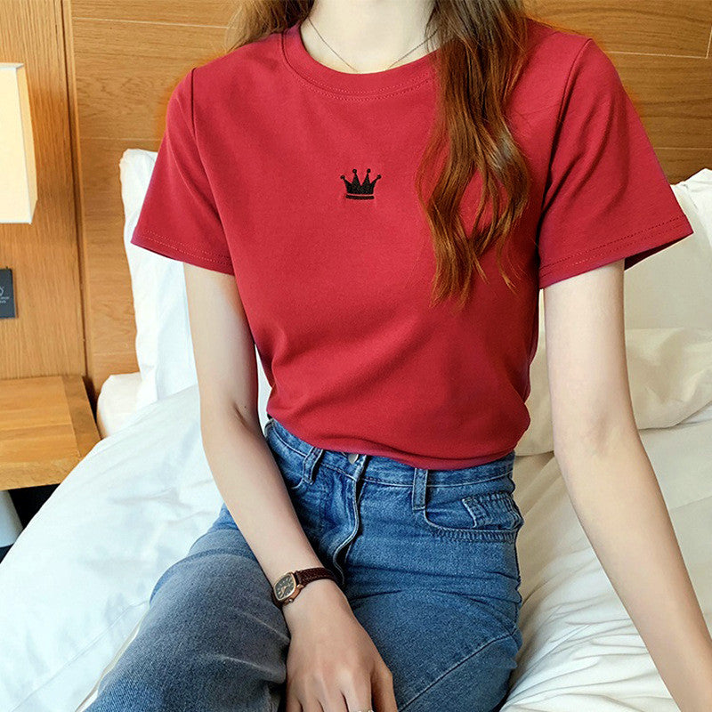 Camiseta básica informal de manga corta con cuello redondo y color liso para mujer