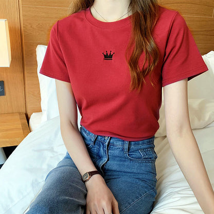 Camiseta básica informal de manga corta con cuello redondo y color liso para mujer