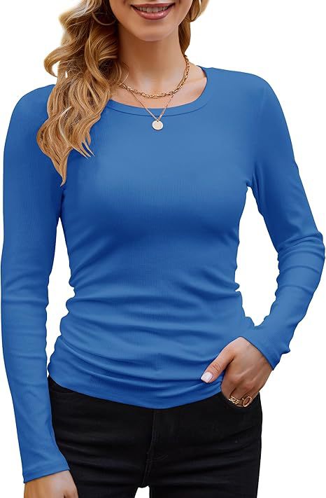 Camiseta informal de manga larga con cuello redondo y ribete de color liso para mujer