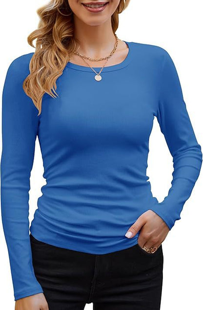 Camiseta informal de manga larga con cuello redondo y ribete de color liso para mujer