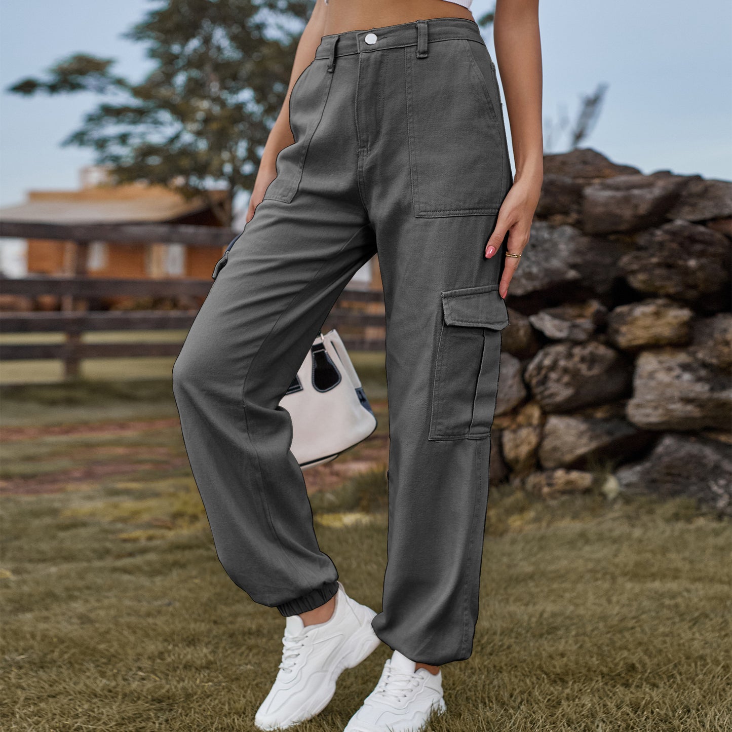 Women Fashion Casual High Waist Denim Cargo Pants