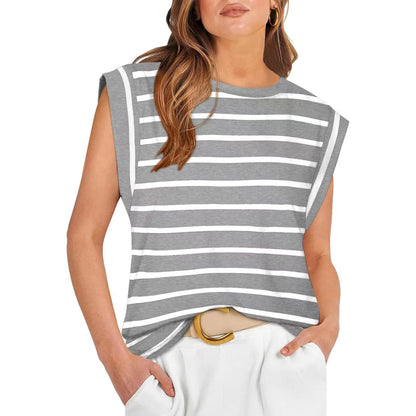 Camiseta informal holgada de verano con rayas y color liso para mujer