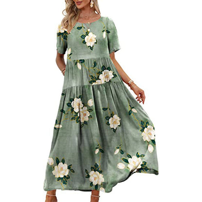 Vestido largo holgado informal de manga corta con cuello redondo y estampado geométrico para mujer