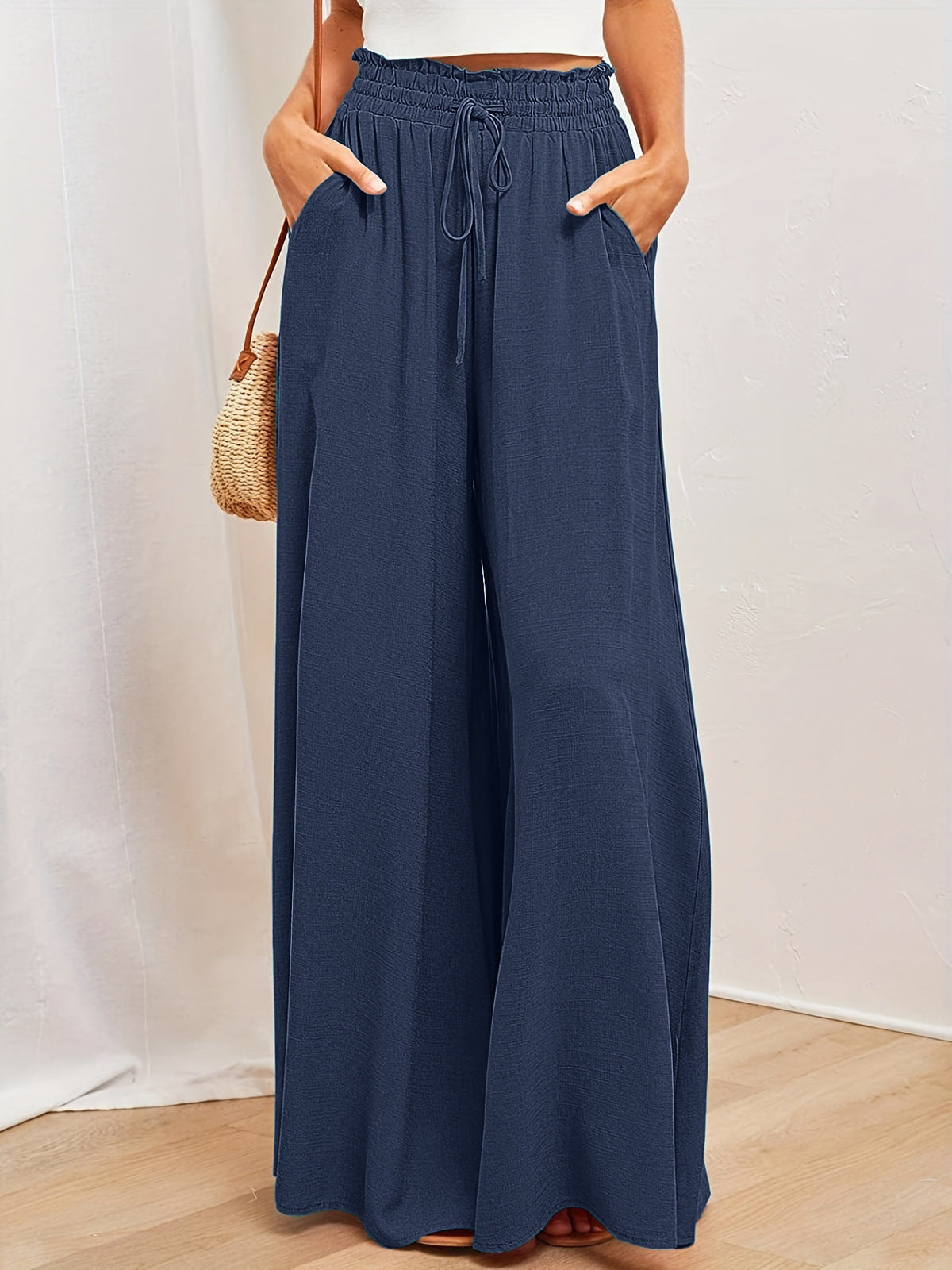 Women Fashion Casual Loose Solid Color Drawstring High-Waist Wide Leg Pants