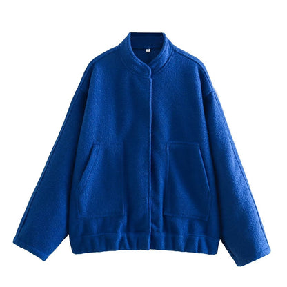 Chaqueta holgada informal de color liso con cuello alto para mujer