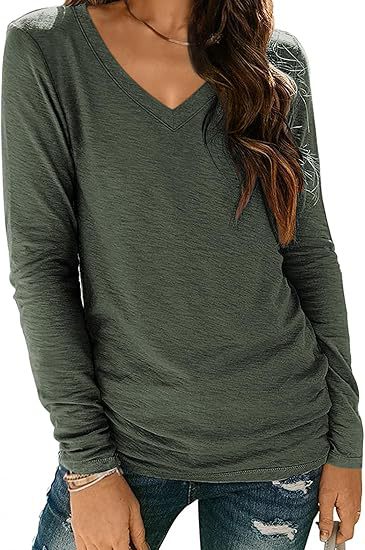 Camiseta informal de manga larga con cuello en V y color liso para mujer