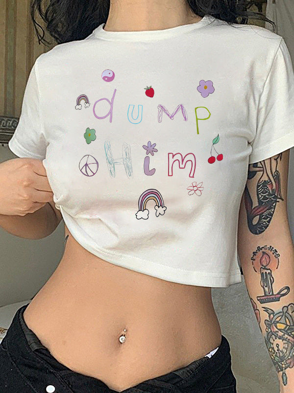 Camiseta corta informal de verano para mujer con estampado floral y letras, cuello redondo y manga corta