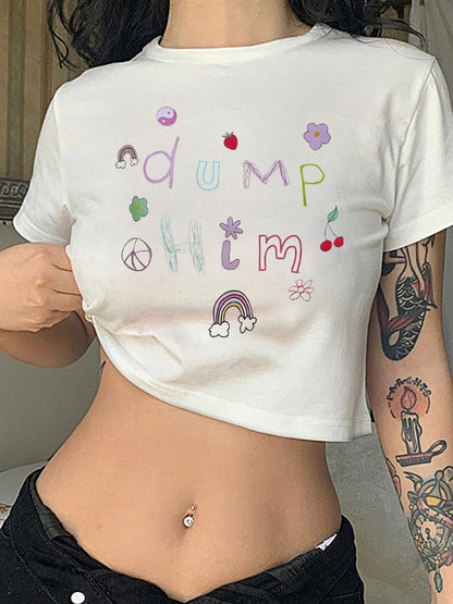 Camiseta corta informal de verano para mujer con estampado floral y letras, cuello redondo y manga corta