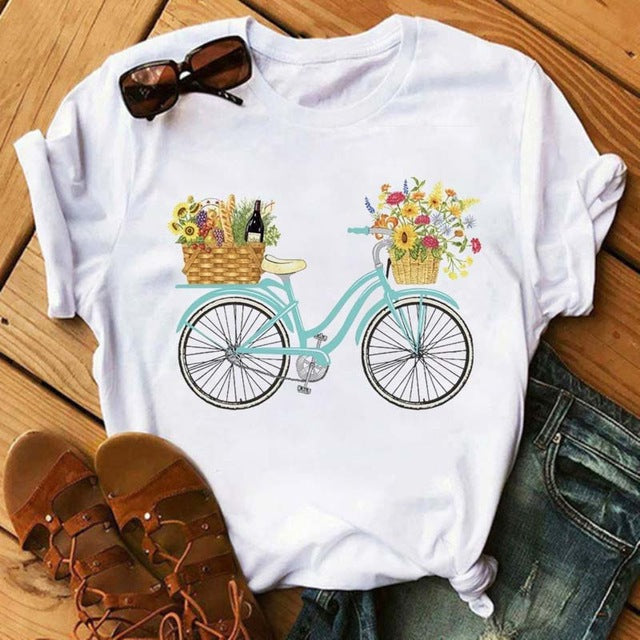 Camiseta holgada informal de manga corta con estampado de bicicleta para mujer