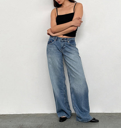Vaqueros rectos de cintura baja de color liso Reteo informales para mujer