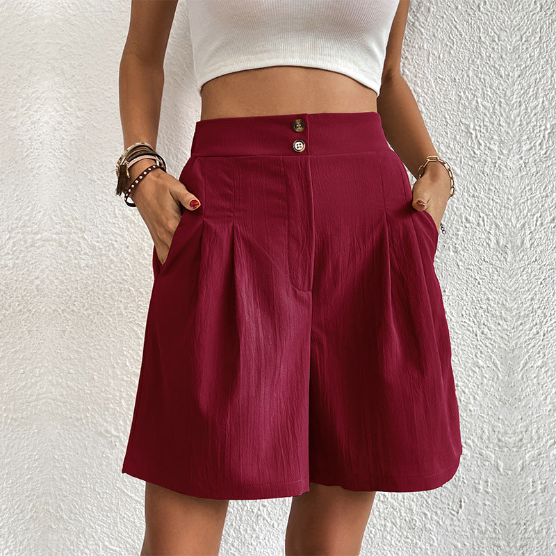 Pantalones cortos holgados de cintura alta de color liso informales de verano para mujer