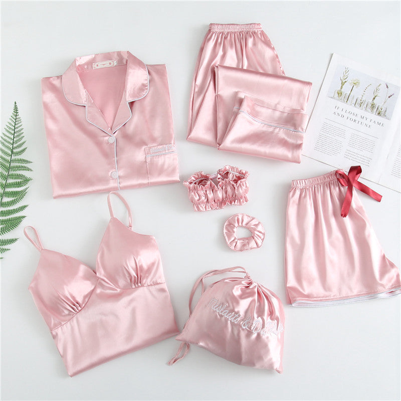 Conjunto de pijama fino de siete piezas con estampado de rayas informal sencillo para mujer