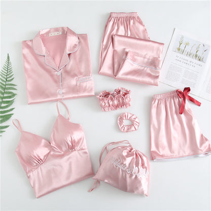 Conjunto de pijama fino de siete piezas con estampado de rayas informal sencillo para mujer