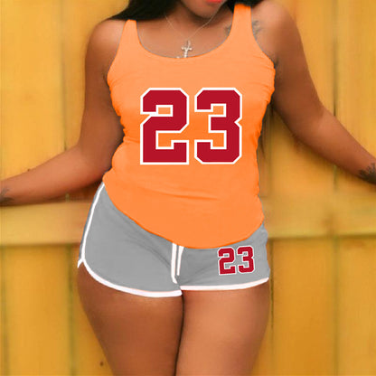Conjunto de 2 piezas de camiseta sin mangas con cuello redondo y pantalones cortos holgados con estampado digital de color sólido informal para mujer