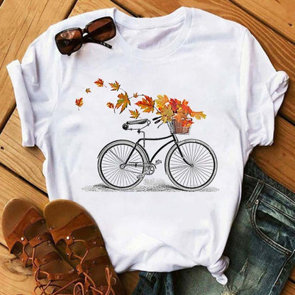 Camiseta holgada informal de manga corta con estampado de bicicleta para mujer