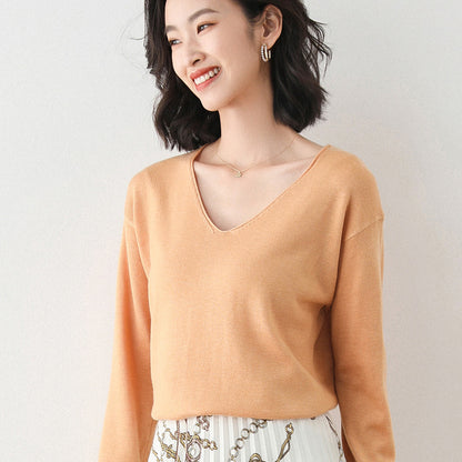 Women Fashion Casual Solid Color Round Neck V-Neck Long Sleeve Sweater