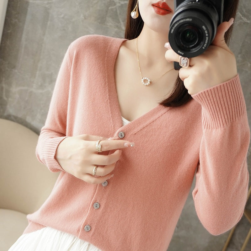 Chaqueta de punto con cuello en V informal de manga larga para mujer
