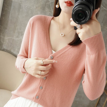 Chaqueta de punto con cuello en V informal de manga larga para mujer