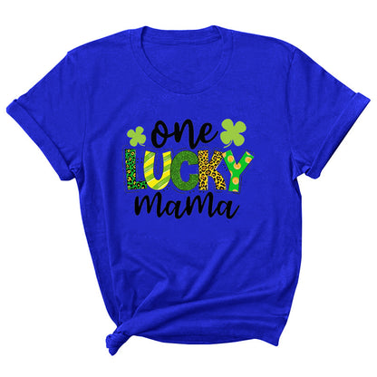 Camiseta informal de manga corta con cuello redondo y estampado de letras "One Lucky Mama" para mujer