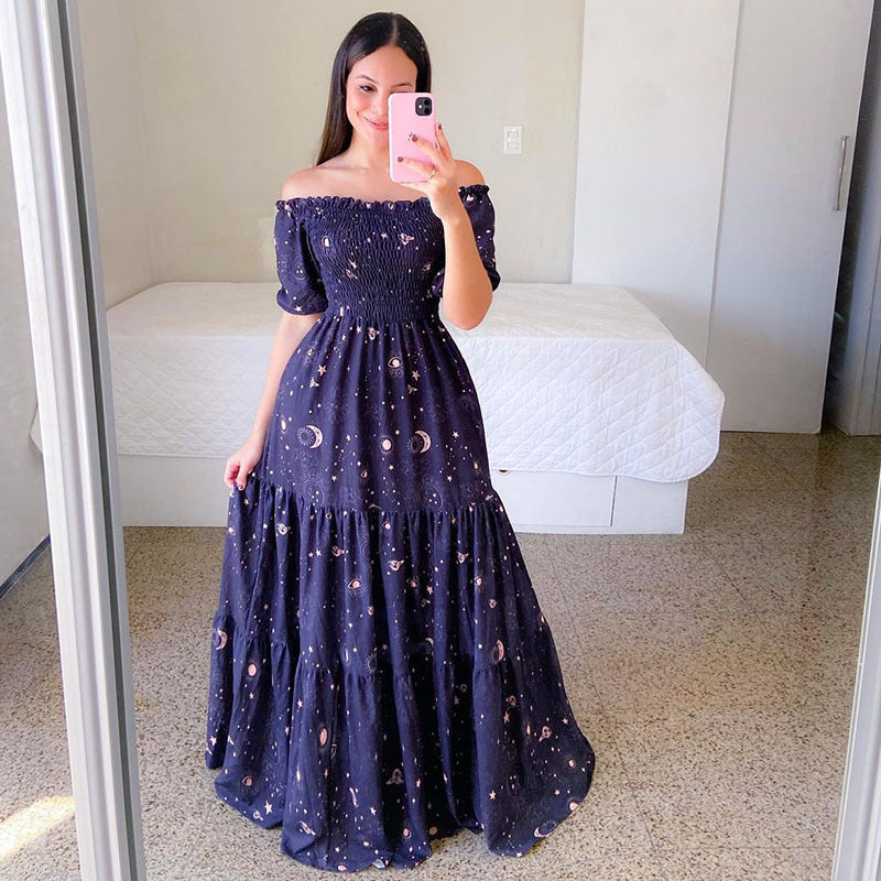 Summer Vacation Women Rainbow Color Floral Butterfly Large Swing Off Shoulder Casual Maxi Dress