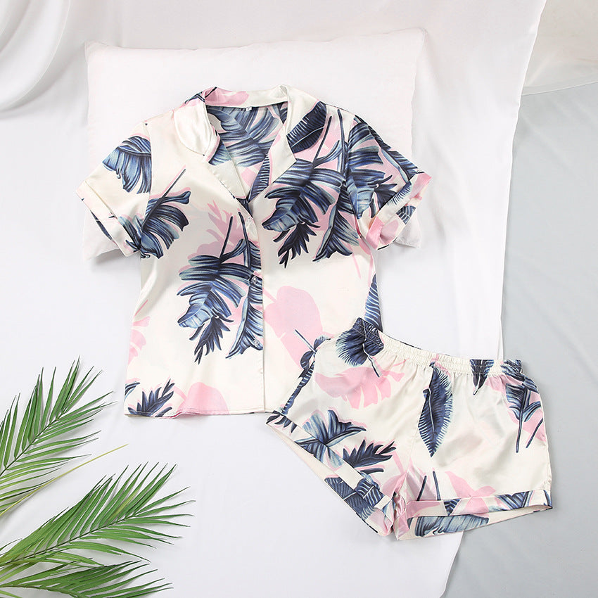 Conjunto de pijama holgado informal de seda con manga corta y pantalones cortos para mujer