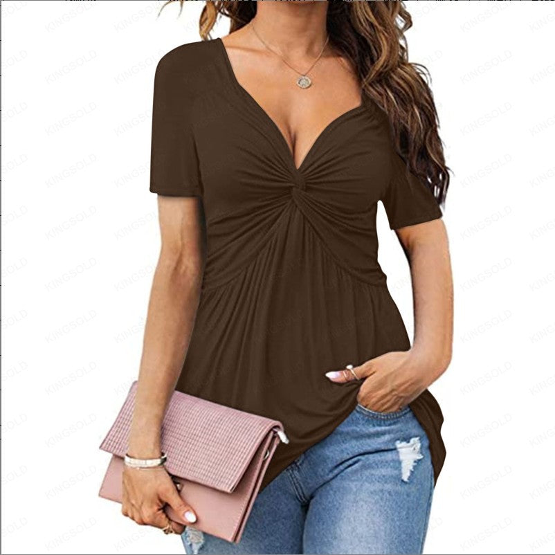 Blusa informal plisada de manga corta con cuello en V y color liso para mujer