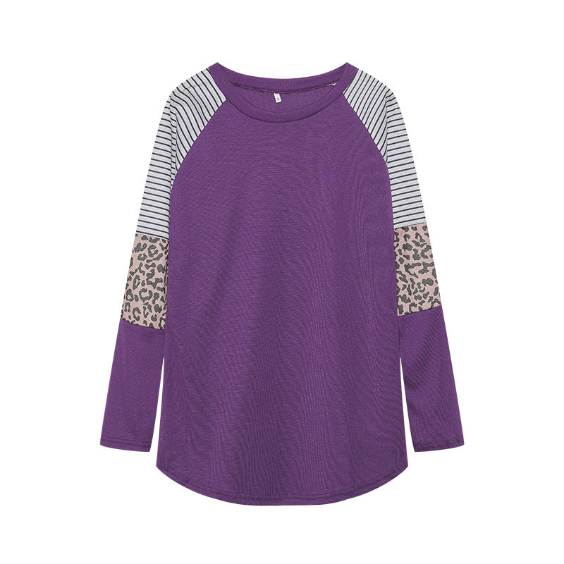 Camiseta informal de manga larga con cuello redondo y rayas de leopardo para mujer de otoño