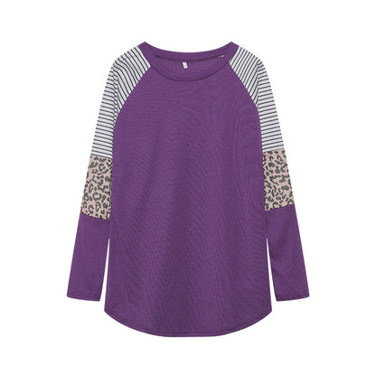 Camiseta informal de manga larga con cuello redondo y rayas de leopardo para mujer de otoño