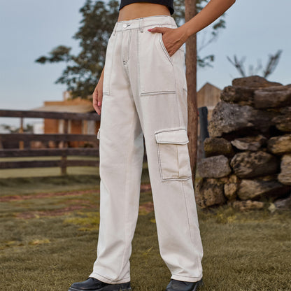 Women Fashion Casual High Waist Denim Cargo Pants