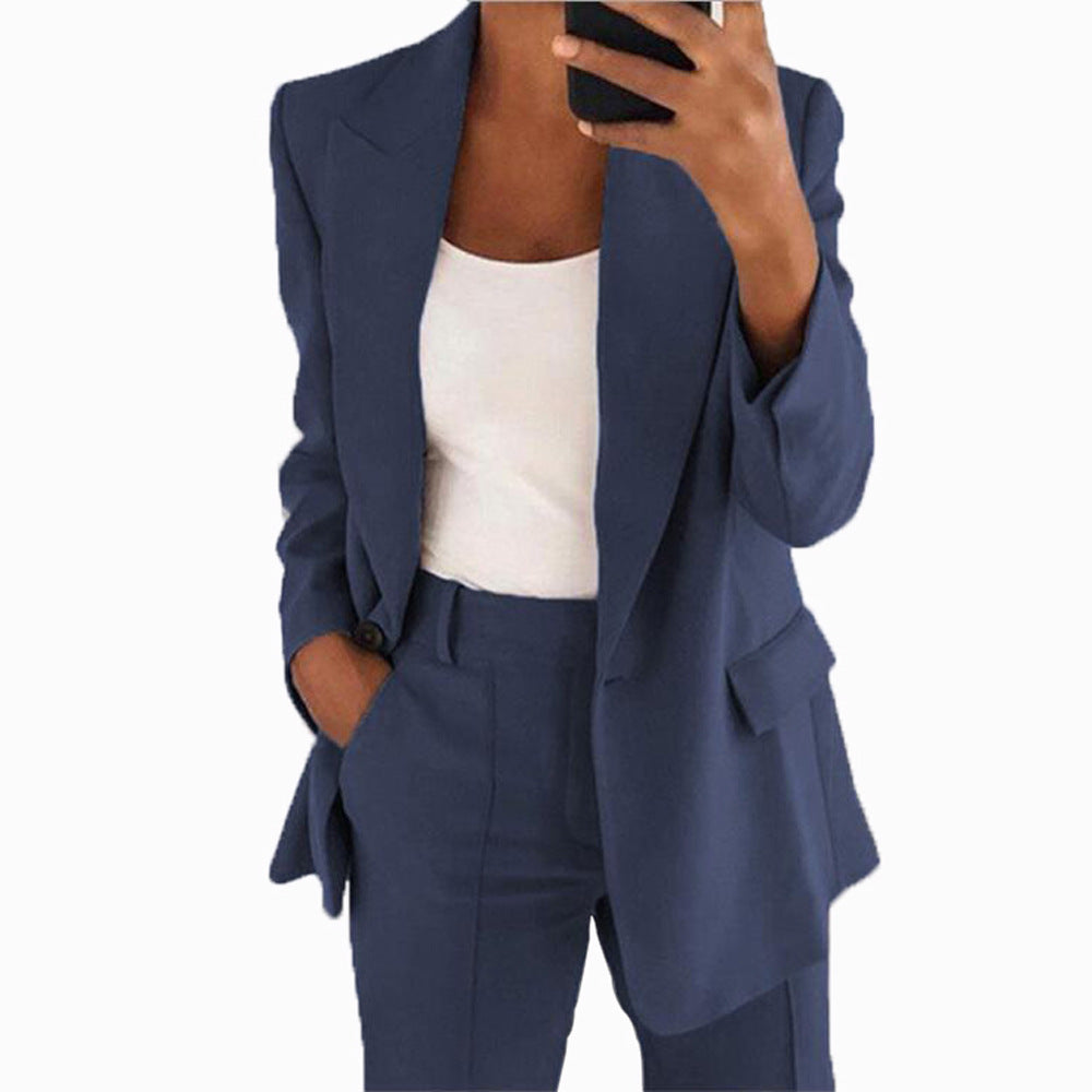 Conjunto de dos piezas de chaqueta y pantalón con solapa informal para mujer