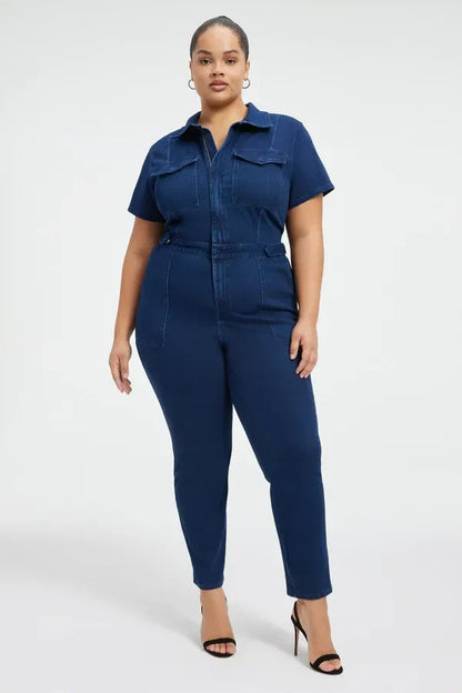 Plus Size Office Fashion Casual Women Solid Color Slim Fit Short Sleeve Lapel Jumpsuits