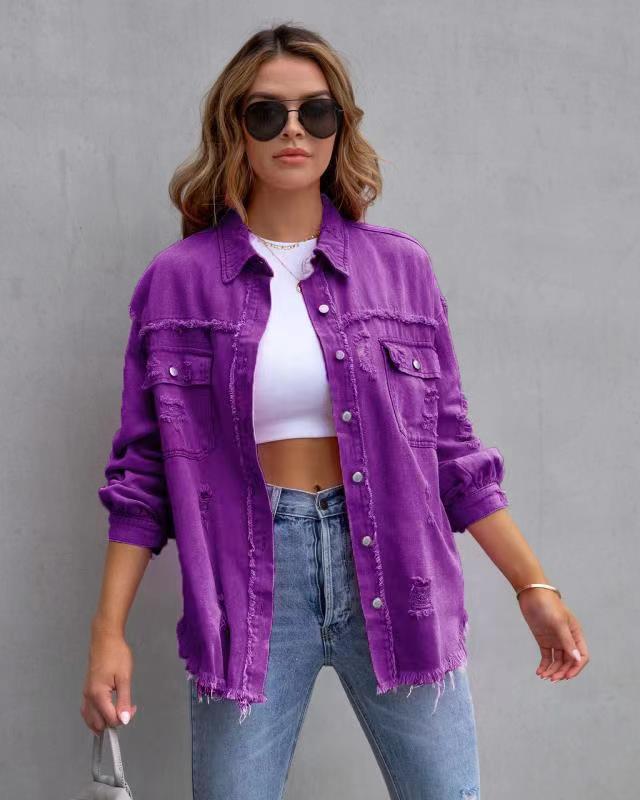 Abrigo vaquero rasgado con solapa informal a la moda para mujer