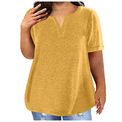 Women Casual Plus Size Solid Color V-Neck Short Sleeve Pocket T-Shirt