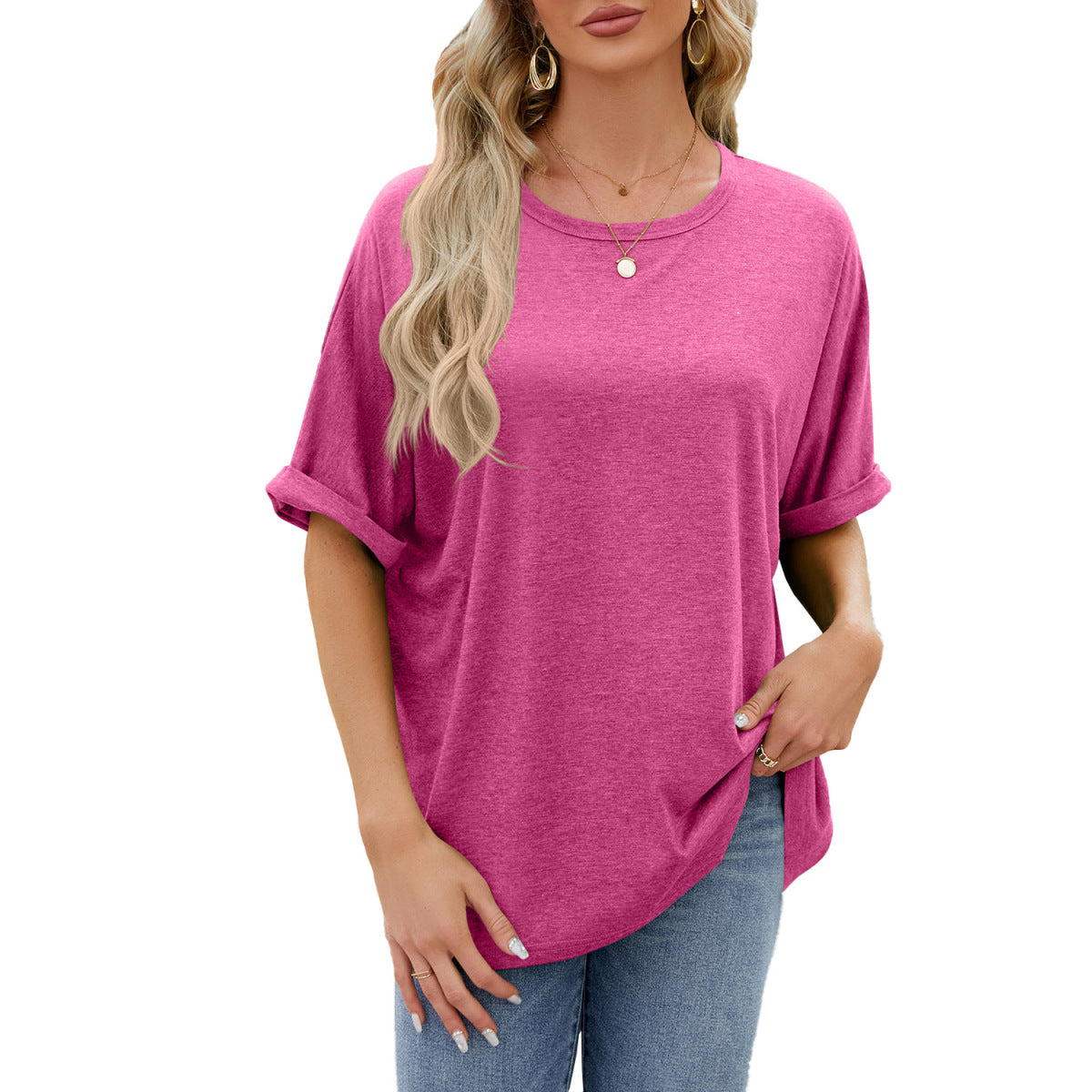 Camiseta informal de verano para mujer, color liso, cuello redondo y manga corta