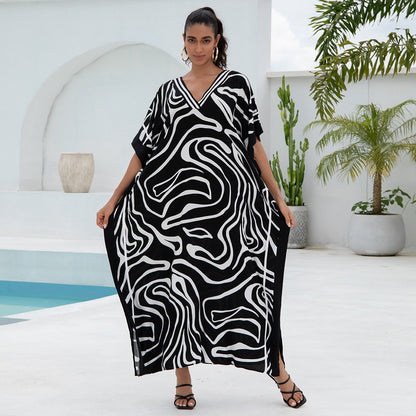 Traje de baño de playa holgado con cuello en V y estampado informal para mujer
