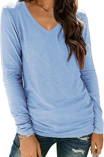 Camiseta informal de manga larga con cuello en V y color liso para mujer