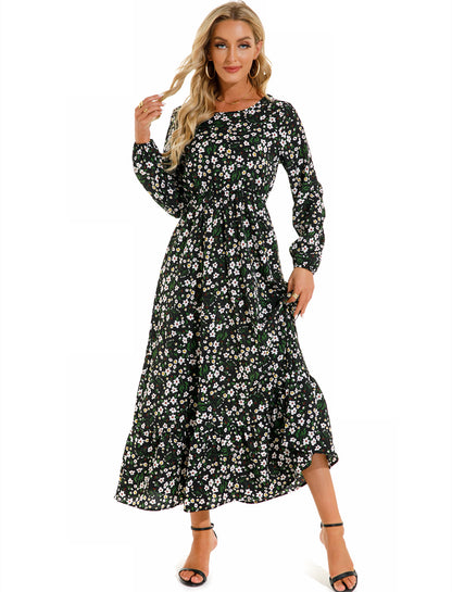 Vestido largo informal de manga larga con cuello redondo y estampado floral para mujer