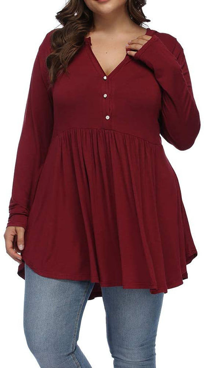 Camiseta informal de manga larga plisada con botones y escote en V de color liso para mujer, talla grande