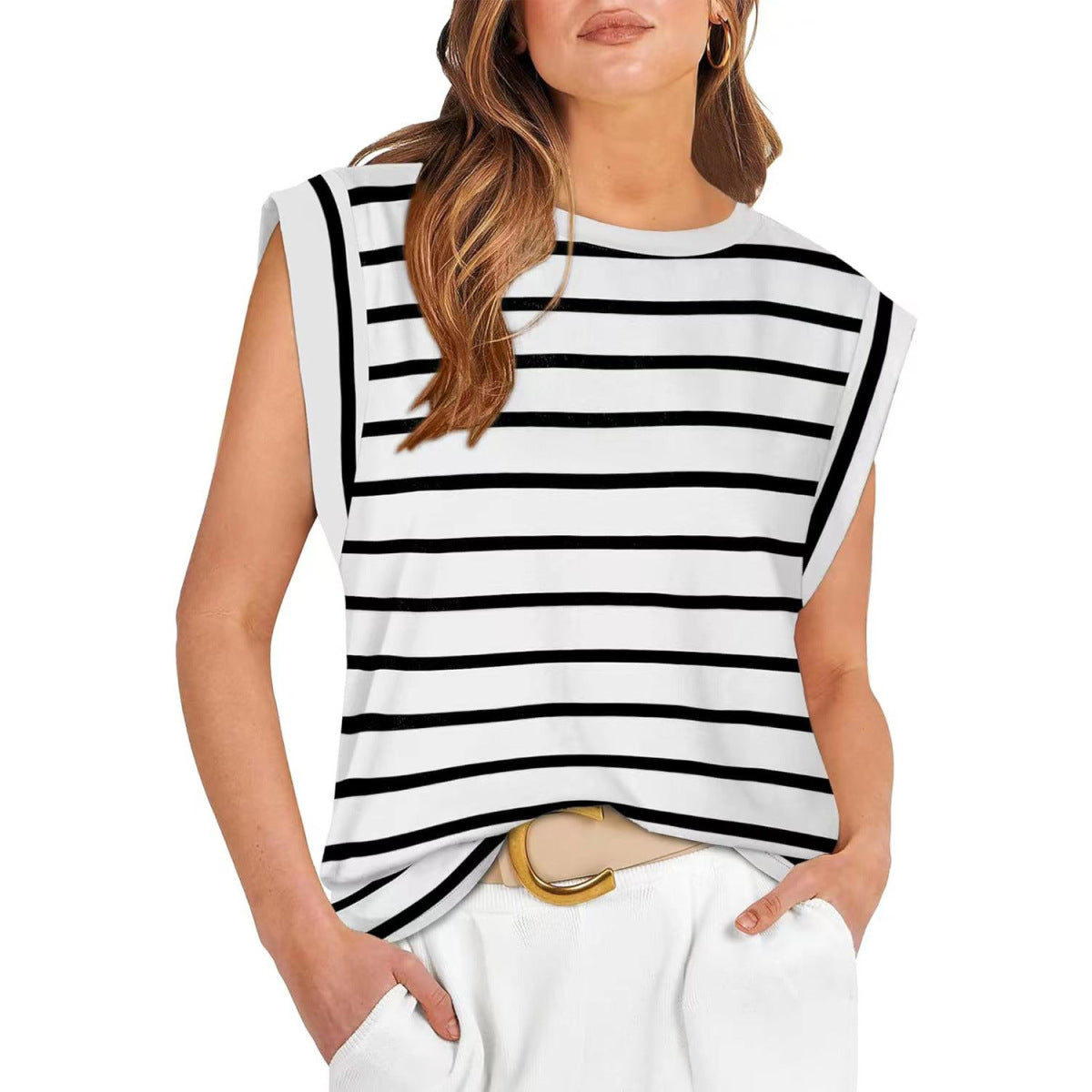 Camiseta informal holgada de verano con rayas y color liso para mujer