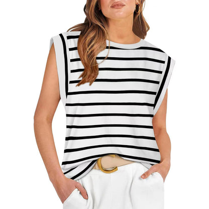Camiseta informal holgada de verano con rayas y color liso para mujer