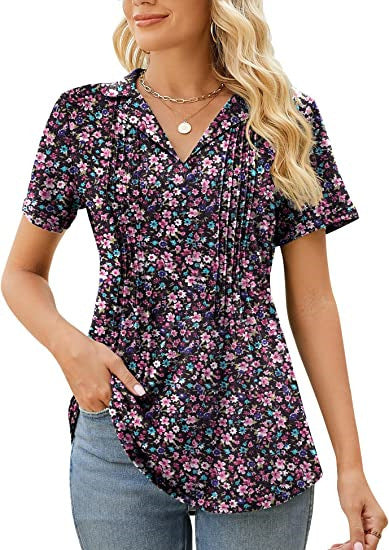 Camiseta informal de verano para mujer, con cuello en V y manga corta en blanco